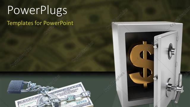  Presentation with padlock - Padlock and cain round dollar bills with gold dollar symbol in steel safe