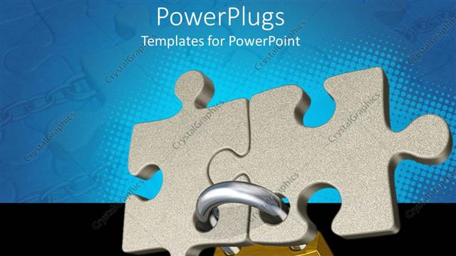  Presentation with together puzzle pieces - Padlock holding two pieces of jigsaw puzzle together on blue and black background