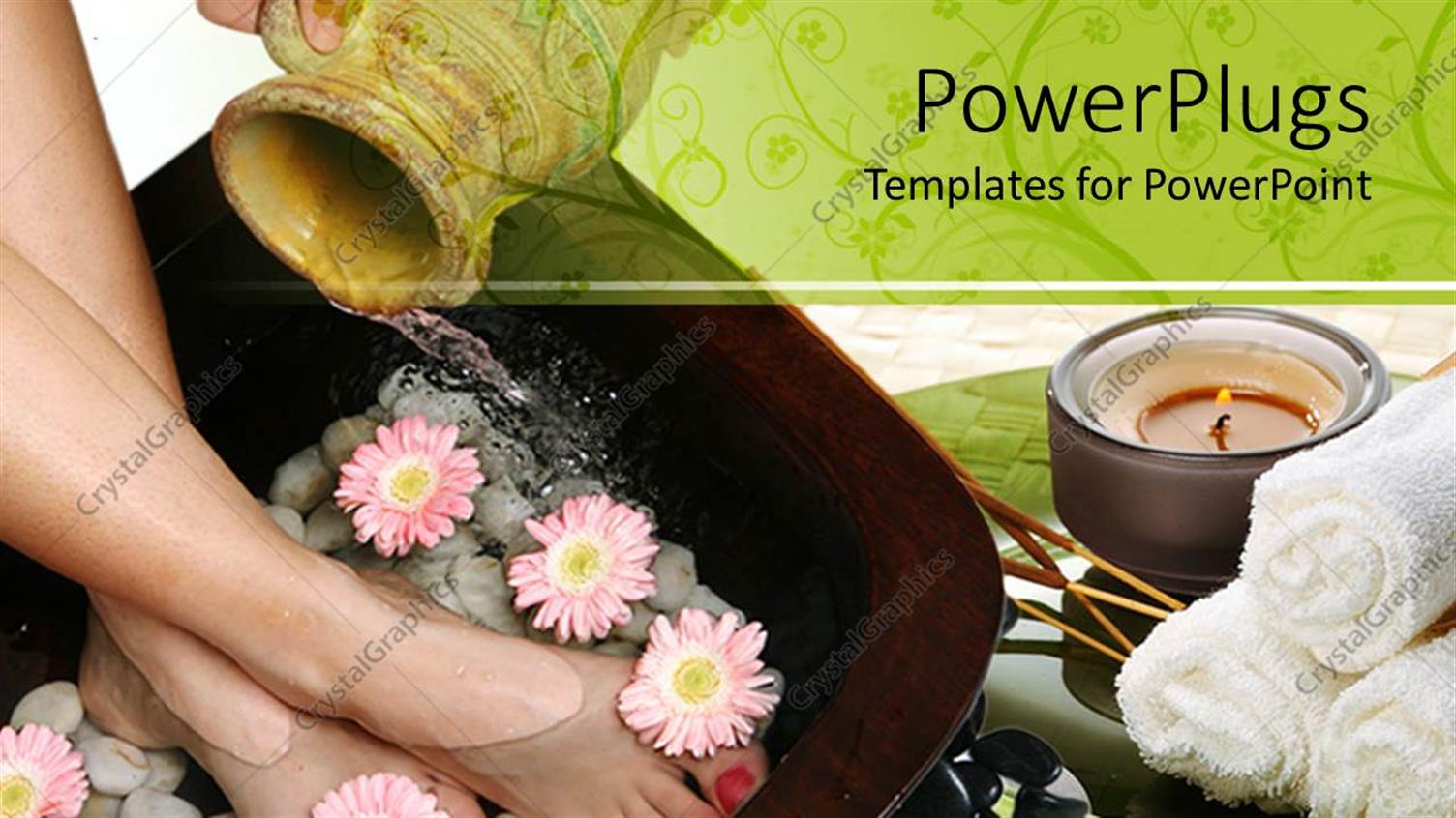 Featuring a Pair of Adult Female Legs in a Footbath with Flowers and Pebbles