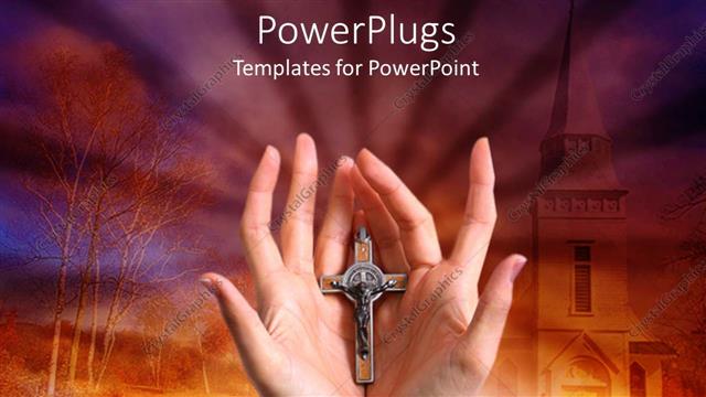  Presentation with cross faith - Pair of adult hands holding a cross on an orange background