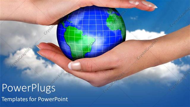  Presentation with pair - Pair?female hands supporting covering small green and blue globe with white gridlines on blue sky clouds background