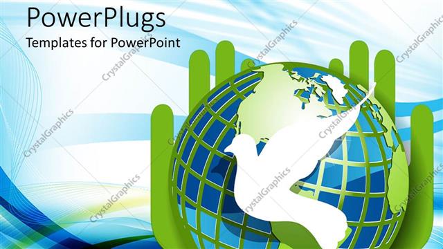  Presentation with world peace - Pair of green hands holding an earth globe with a white dove