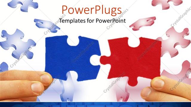  Presentation with blue puzzle pieces - Pair hands assembling bright blue and red jigsaw puzzle pieces on white background