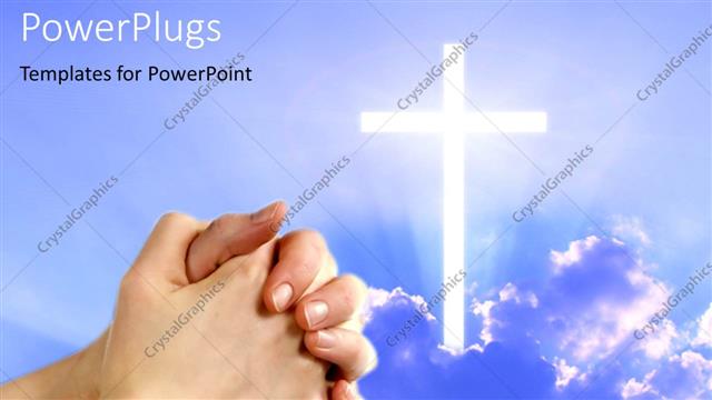  Presentation with shining - Pair hands folded in prayer next to shining white cross