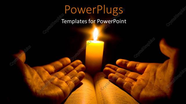  Presentation with pair - A pair of open hands on a bible with a bright candle