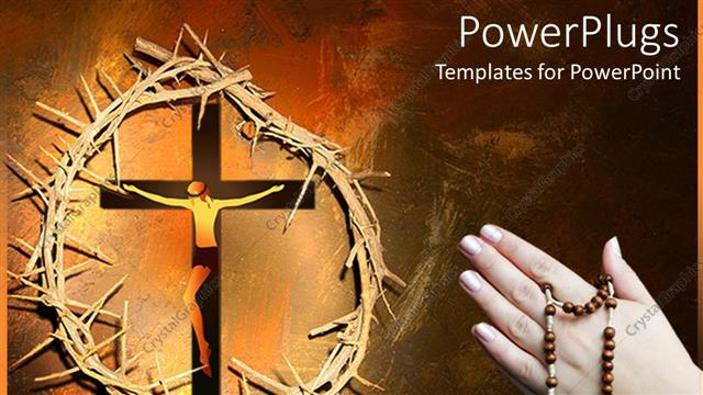  Presentation with crown - Pair praying hands holding rosary next to Christ on cross framed by thorny crown