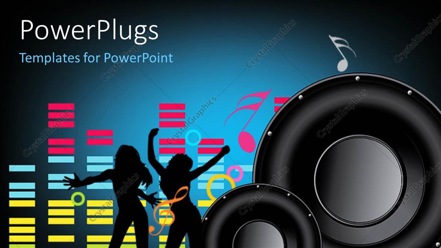 Featuring a Pair of Speakers with Two Women Dancing and Music Signs in the Background