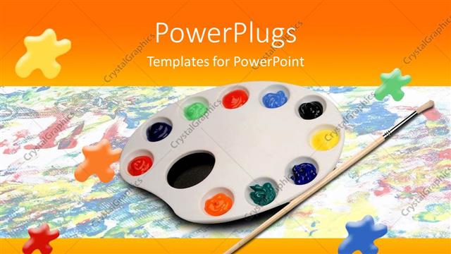 Presentation with brush - Palette with rainbow paints and brush on painted background with paint splotches and orange border