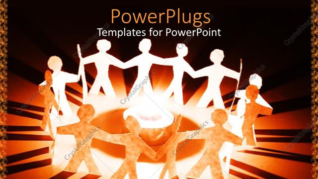  Presentation with united - Paper cut human images standing round a bright light