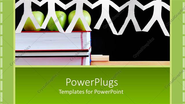  Presentation with paper - Paper dolls on stack books in front of three green apples and blackboard with Team