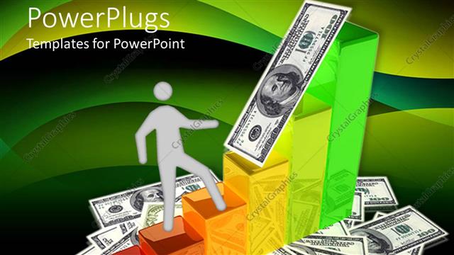  Presentation with climbing chart - Paper man climbing colorful bars of bar chart on dollar bills