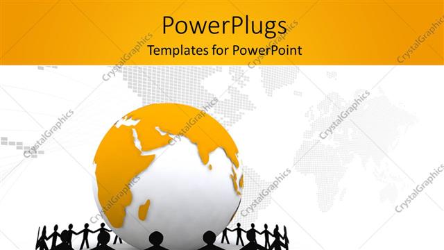  Presentation with world map - Paper people in black standing around 3D globe with world map