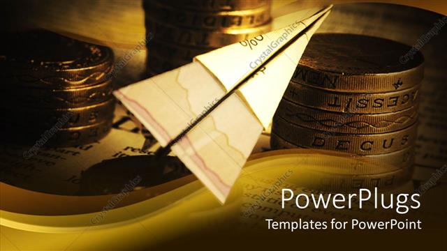  Presentation with related - Paper plane made of financial related paper with stacks of golden coins