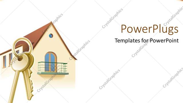  Presentation with house key - Partial depiction of designed house and two keys attached to a key ring on white background