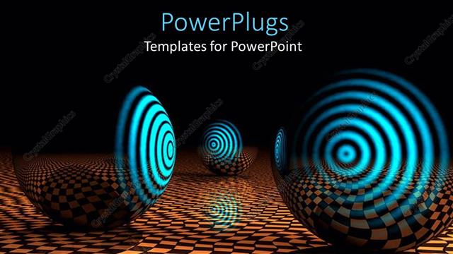  Presentation with spheres - Partly transparent spheres with glowing glossy blue target on abstract checkered floor