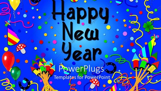  Presentation with scene - Party scene with a Happy New Year text on a blue background