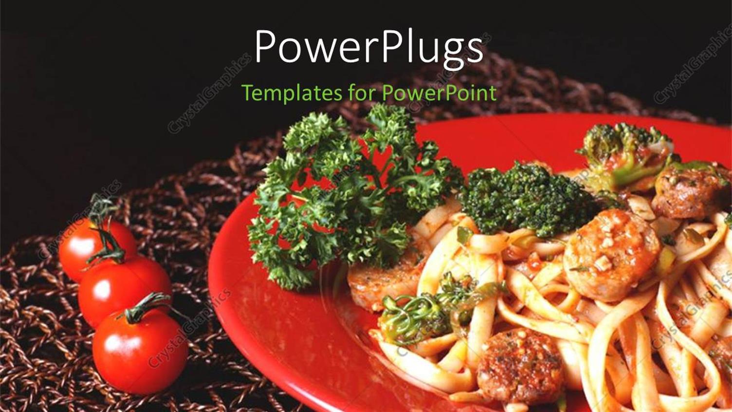 Featuring Pasta with Sausages and Broccoli in Red Plate with Table Mat