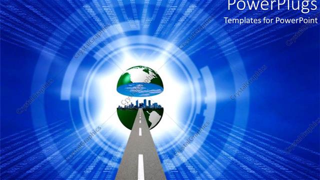  Presentation with blue business - Path to globe split in two with cityscape in middle on radiating blue background