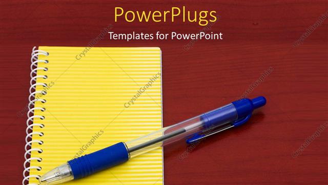  Presentation with pen - Pen and yellow notepad placed on red colored desk