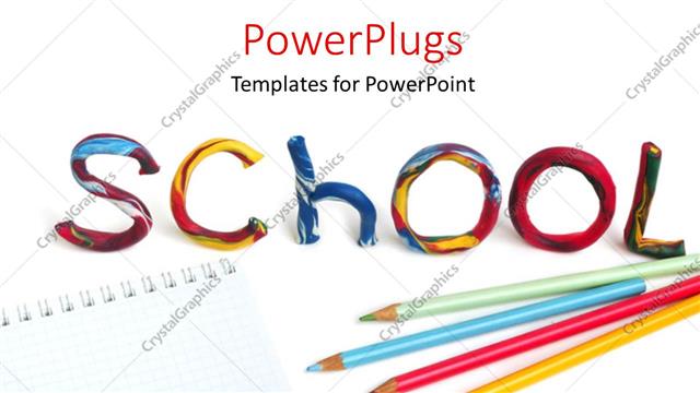  Presentation with crayons - Pencils and crayons on notepad with colorful text SCHOOL