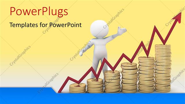  Presentation with character - A white colored character standing on a pile of gold coins