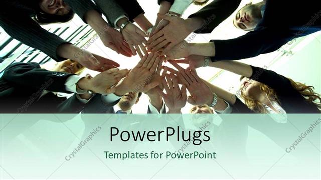  Presentation with people unity - People in circle put hands together depicting teamwork and unity