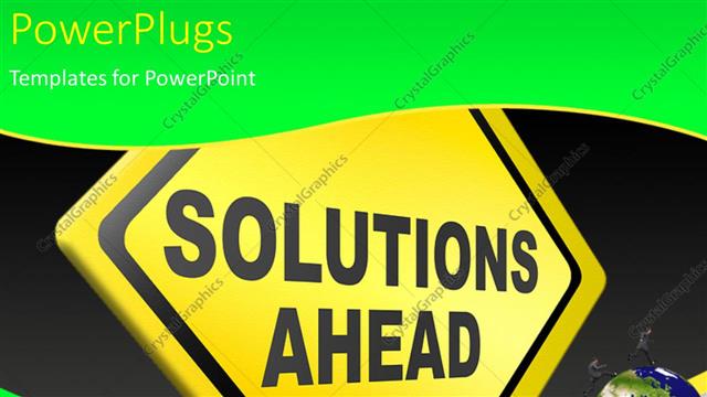  Presentation with climbing stairs - People climbing stairs to earth globe with yellow sign post SOLUTIONS AHEAD