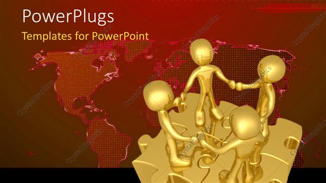  Presentation with world map puzzle - People holding hands while standing on connected puzzle pieces with world map in the background