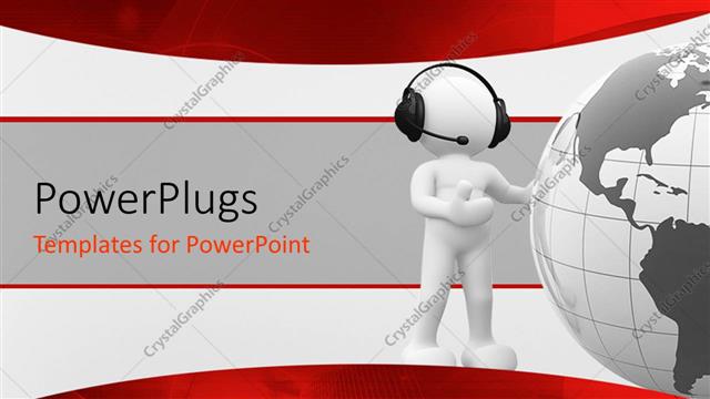  Presentation with support - 3D man with headphone stands beside earth globe on white background