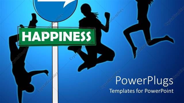  Presentation with happiness - People jumping next to road sign written happiness in blue background