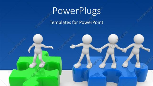  Presentation with puzzle green - People standing on the blue puzzle are pulling the person on green puzzle to their side with blue color