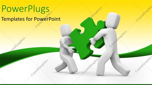  Presentation with transfer - Two white colored 3D characters holding a green puzzle piece together