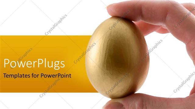  Presentation with fingers - Person holding golden egg between fingers in white background