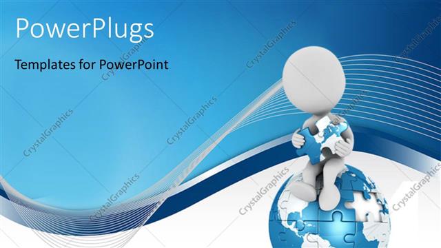  Presentation with blue earth puzzle - Person holding piece of puzzle sitting on 3d globe with blue color