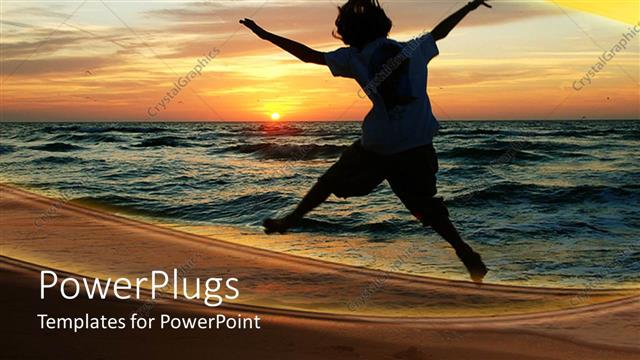  Presentation with joy - A person jumping on the beach with sea in the background