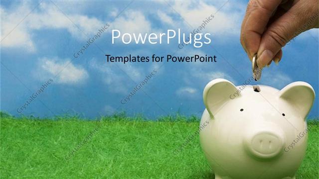  Presentation with investment - A person putting a coin in the piggy bank with clouds in the background