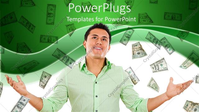  Presentation with money notes - A person thinking with a number of dollar notes in the background