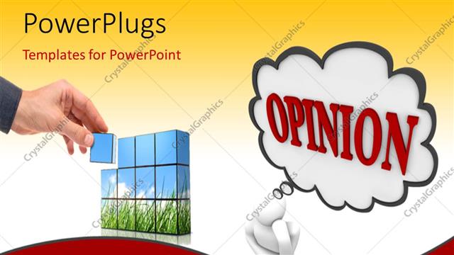  Presentation with thought - 3D man deep in thought with OPINION in speech bubble