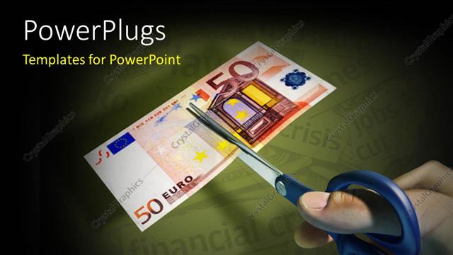  Presentation with crisis - A person trying to cut the note with greenish background