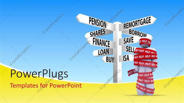  Presentation with rescue - Person wrapped in red tape marked help, getting caught in a problem needing rescue to be freed with sign post