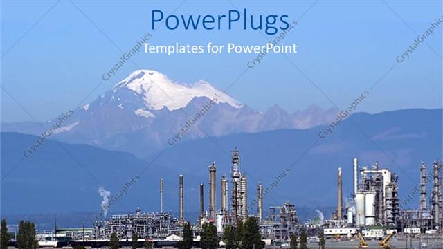  Presentation with petrochemical - Petrochemical industry, petrochemical industrial plant with snowy tip mountains in the background