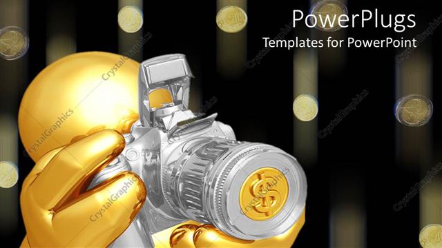  Presentation with lens - Photographer taking photo with camera, dollar bill sign on lens, coins falling