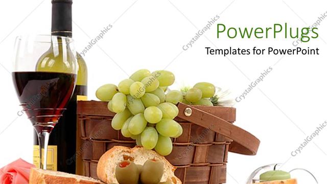  Presentation with apple wine - Picnic basket with grapes bottle of wine glass of red wine, cheese slices, bread slice, apple, candle and rose