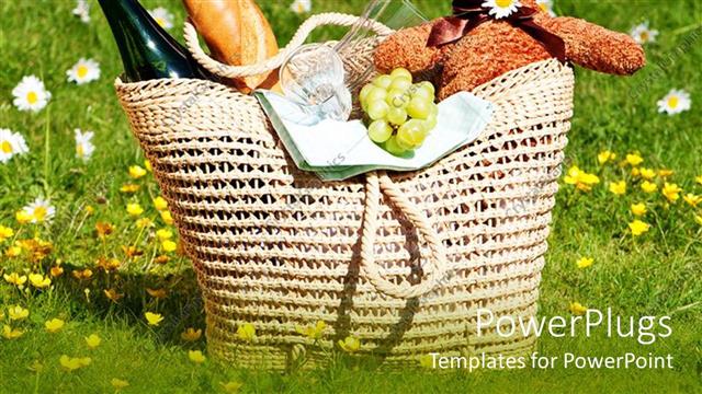  Presentation with picnic - Picnic basket with teddy bear, bread, wine, glasses, grapes in meadow with flowers