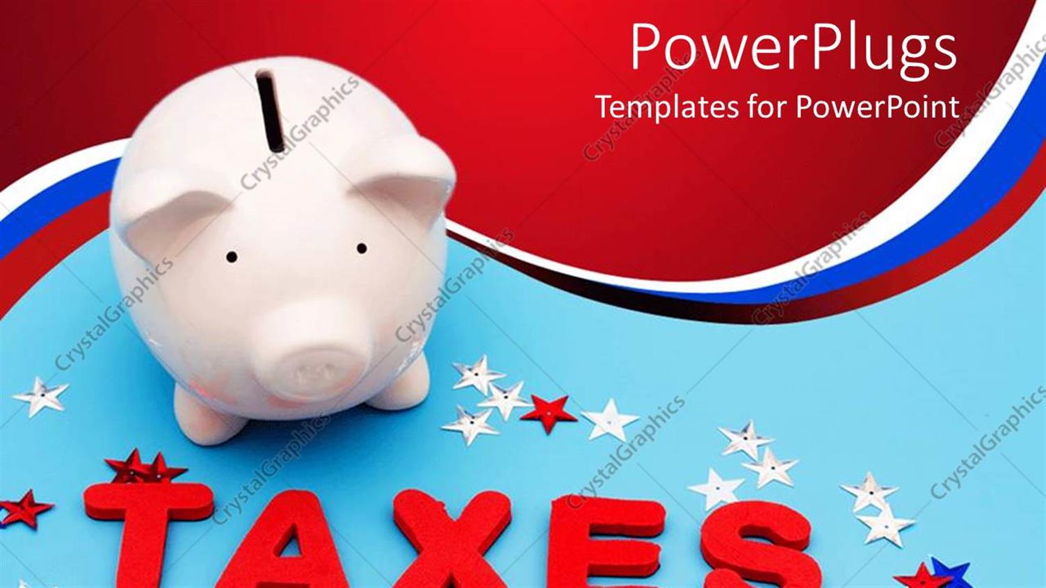 Featuring Piggy Bank on Background Written TAXES with Multiple Colored Stars