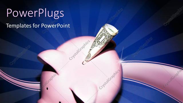  Presentation with bank - Piggy bank with a dollar bill with curve and blue rays