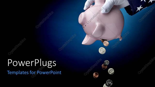  Presentation with bank - A piggy bank in a hand with glove and bluish background