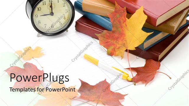  Presentation with leaves - Pile of books, alarm clock and autumn leaves on white