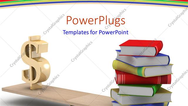  Presentation with dollar sign - Pile of colored books weighed against large dollar sign in balance