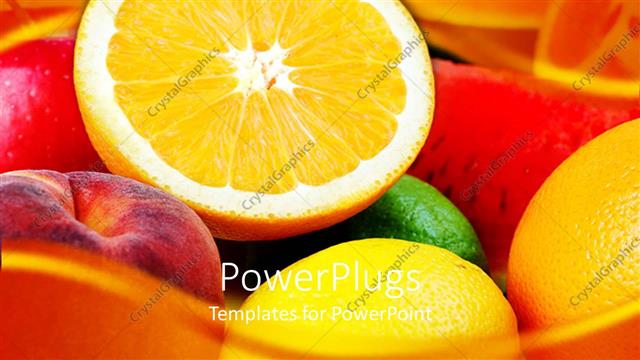  Presentation with fresh water - A pile of fresh apples, oranges and water melons